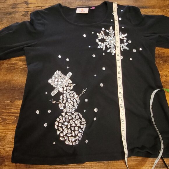 FESTIVE MCBLING JEWELED SNOWMAN SNOWFLAKES BLOUSE TOP EUC L - Picture 5 of 8
